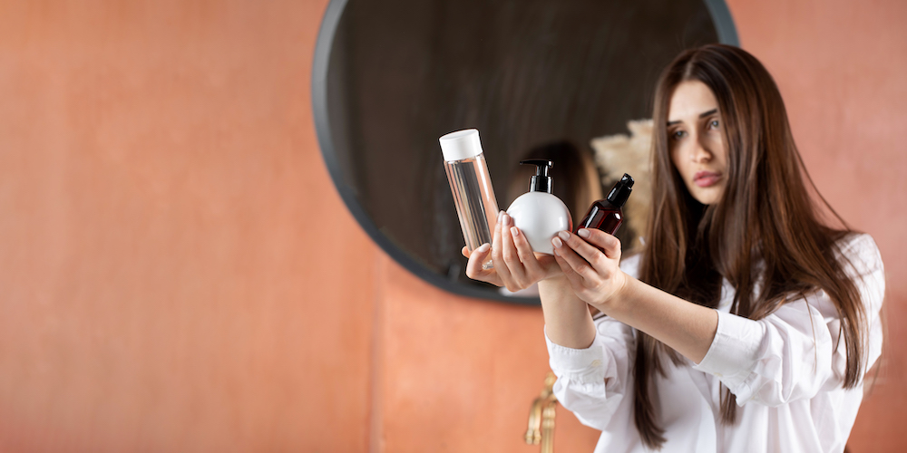 Woman holding products from MN skincare experts.